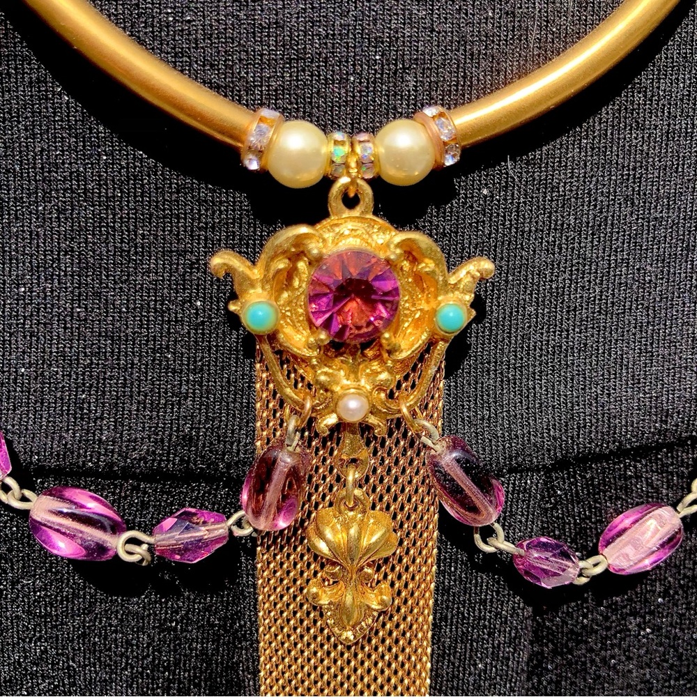 Handcrafted unique watch fob necklace Gold filled fob-amethyst, pearl turquoise - Picture 5 of 12